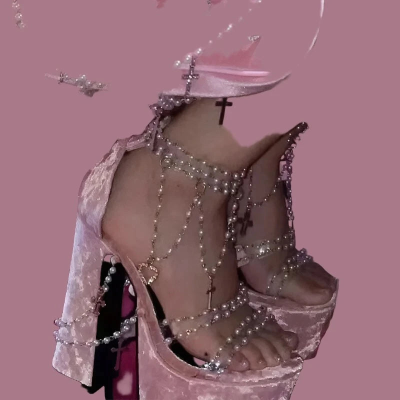 Pearl Beaded Platform Chunky Sandal Solid Velvet Bling Beads Tassels Hollow High Heel Sandals Luxury Peep-Toe Sexy Shoes Summer - KIMLUD