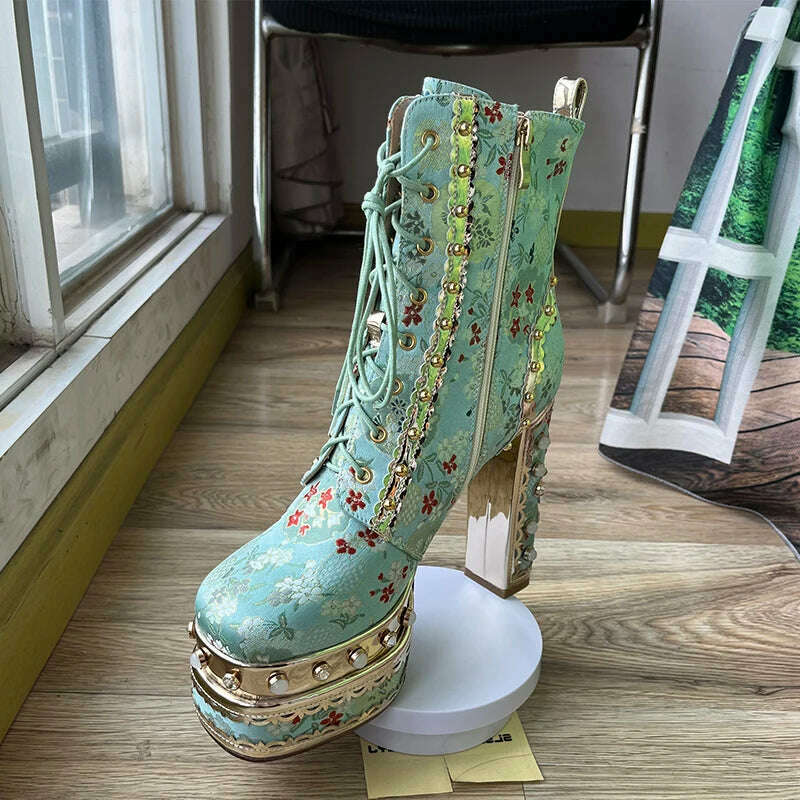 KIMLUD, Pearl/Rhinestone Satins Short Boots Waterproof Platform Diamond Decoration Chelsea Short Boots Large 34-43 High Heel Women Shoes, KIMLUD Womens Clothes