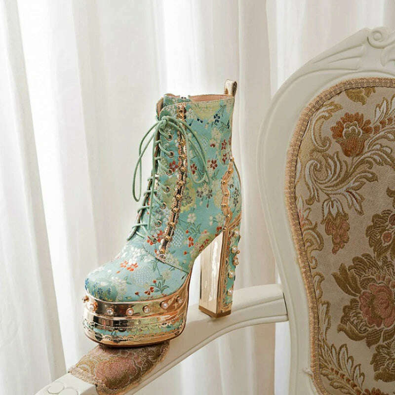 KIMLUD, Pearl/Rhinestone Satins Short Boots Waterproof Platform Diamond Decoration Chelsea Short Boots Large 34-43 High Heel Women Shoes, KIMLUD Womens Clothes