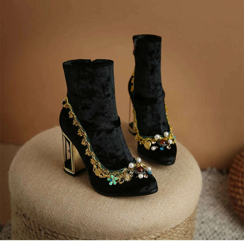 KIMLUD, Pearl/Rhinestone Satins Short Boots Waterproof Platform Diamond Decoration Chelsea Short Boots Large 34-43 High Heel Women Shoes, KIMLUD Womens Clothes