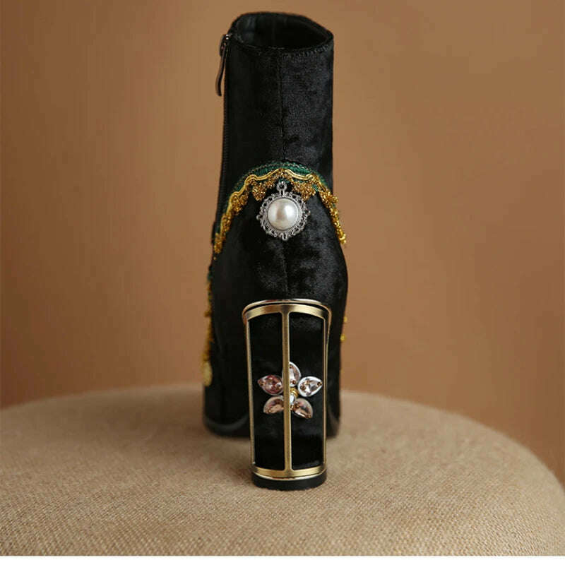 KIMLUD, Pearl/Rhinestone Satins Short Boots Waterproof Platform Diamond Decoration Chelsea Short Boots Large 34-43 High Heel Women Shoes, KIMLUD Womens Clothes