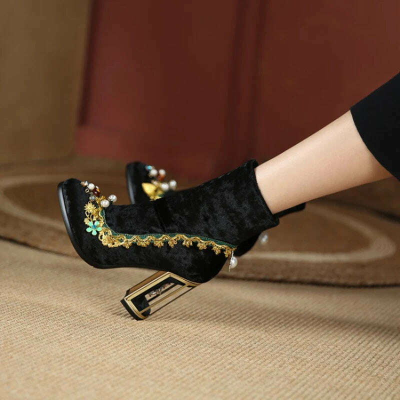 KIMLUD, Pearl/Rhinestone Satins Short Boots Waterproof Platform Diamond Decoration Chelsea Short Boots Large 34-43 High Heel Women Shoes, KIMLUD Womens Clothes