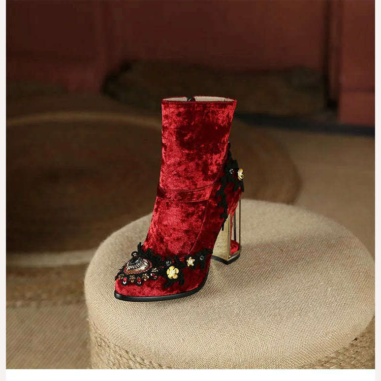KIMLUD, Pearl/Rhinestone Satins Short Boots Waterproof Platform Diamond Decoration Chelsea Short Boots Large 34-43 High Heel Women Shoes, KIMLUD Womens ClothesKIMLUD, Pearl/Rhinestone Satins Short Boots Waterproof Platform Diamond Decoration Chelsea Short Boots Large 34-43 High Heel Women Shoes, C-MY601red / 34, KIMLUD APPAREL - Womens Clothes