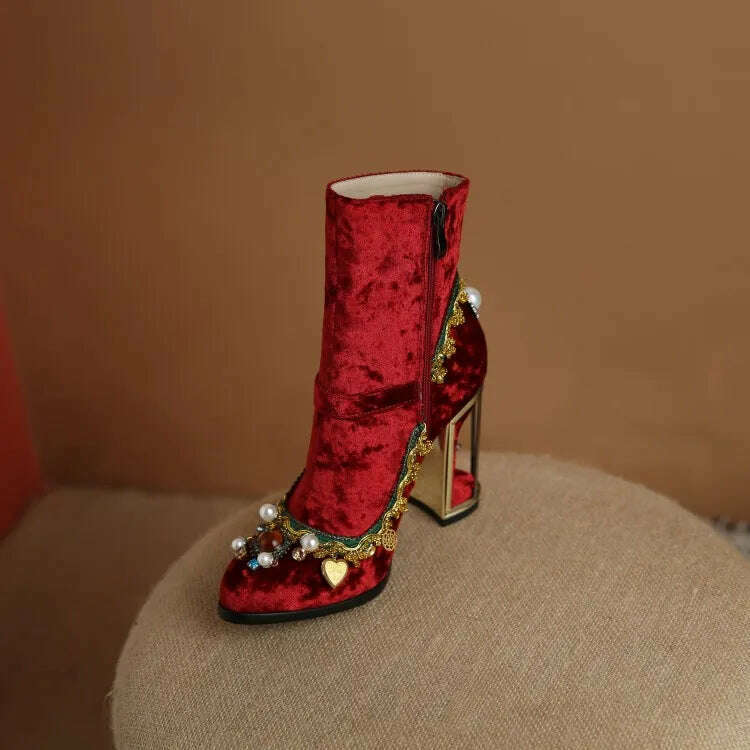 KIMLUD, Pearl/Rhinestone Satins Short Boots Waterproof Platform Diamond Decoration Chelsea Short Boots Large 34-43 High Heel Women Shoes, KIMLUD Womens ClothesKIMLUD, Pearl/Rhinestone Satins Short Boots Waterproof Platform Diamond Decoration Chelsea Short Boots Large 34-43 High Heel Women Shoes, C-MY801red / 34, KIMLUD APPAREL - Womens Clothes