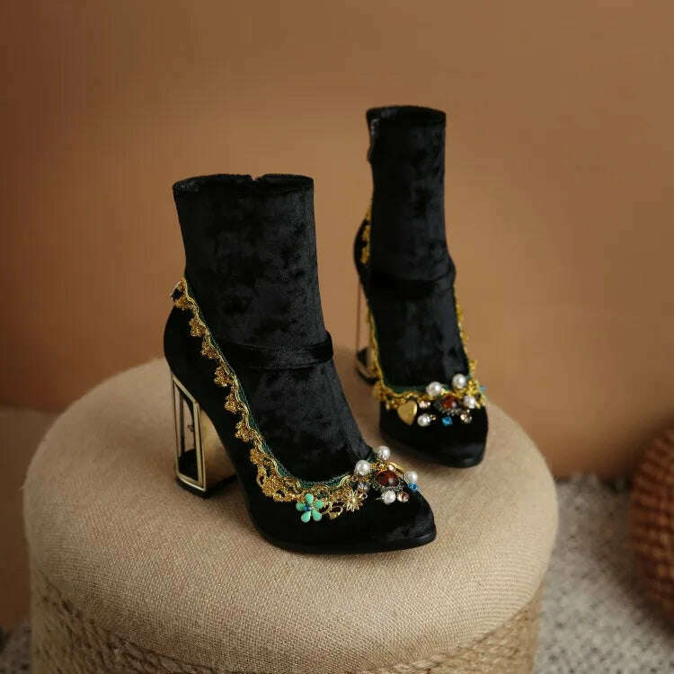 KIMLUD, Pearl/Rhinestone Satins Short Boots Waterproof Platform Diamond Decoration Chelsea Short Boots Large 34-43 High Heel Women Shoes, KIMLUD Womens ClothesKIMLUD, Pearl/Rhinestone Satins Short Boots Waterproof Platform Diamond Decoration Chelsea Short Boots Large 34-43 High Heel Women Shoes, C-MY801black / 34, KIMLUD APPAREL - Womens Clothes