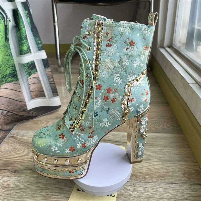 KIMLUD, Pearl/Rhinestone Satins Short Boots Waterproof Platform Diamond Decoration Chelsea Short Boots Large 34-43 High Heel Women Shoes, KIMLUD Womens Clothes