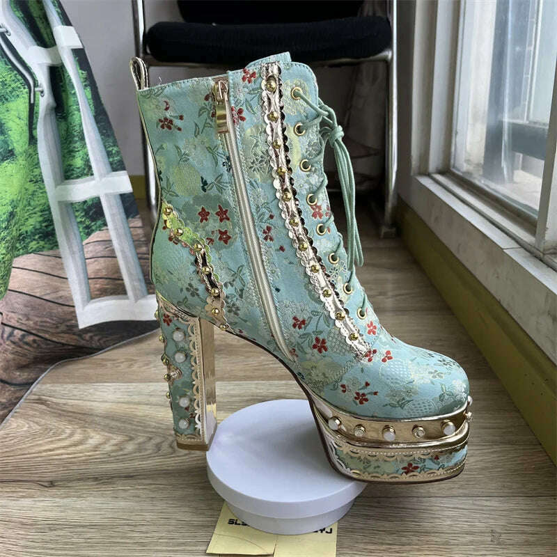 KIMLUD, Pearl/Rhinestone Satins Short Boots Waterproof Platform Diamond Decoration Chelsea Short Boots Large 34-43 High Heel Women Shoes, KIMLUD Womens Clothes