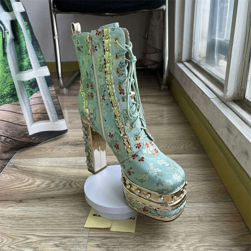 KIMLUD, Pearl/Rhinestone Satins Short Boots Waterproof Platform Diamond Decoration Chelsea Short Boots Large 34-43 High Heel Women Shoes, KIMLUD Womens Clothes