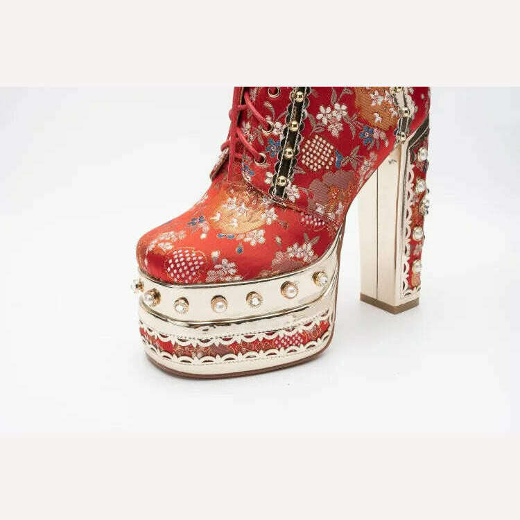 KIMLUD, Pearl/Rhinestone Satins Short Boots Waterproof Platform Diamond Decoration Chelsea Short Boots Large 34-43 High Heel Women Shoes, KIMLUD Womens Clothes