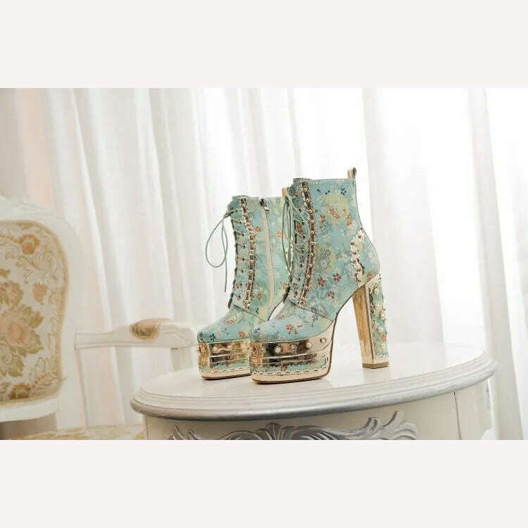 KIMLUD, Pearl/Rhinestone Satins Short Boots Waterproof Platform Diamond Decoration Chelsea Short Boots Large 34-43 High Heel Women Shoes, KIMLUD Womens Clothes