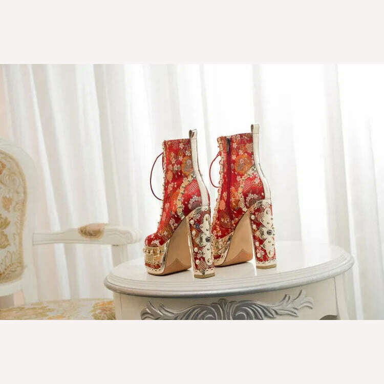 KIMLUD, Pearl/Rhinestone Satins Short Boots Waterproof Platform Diamond Decoration Chelsea Short Boots Large 34-43 High Heel Women Shoes, KIMLUD Womens Clothes