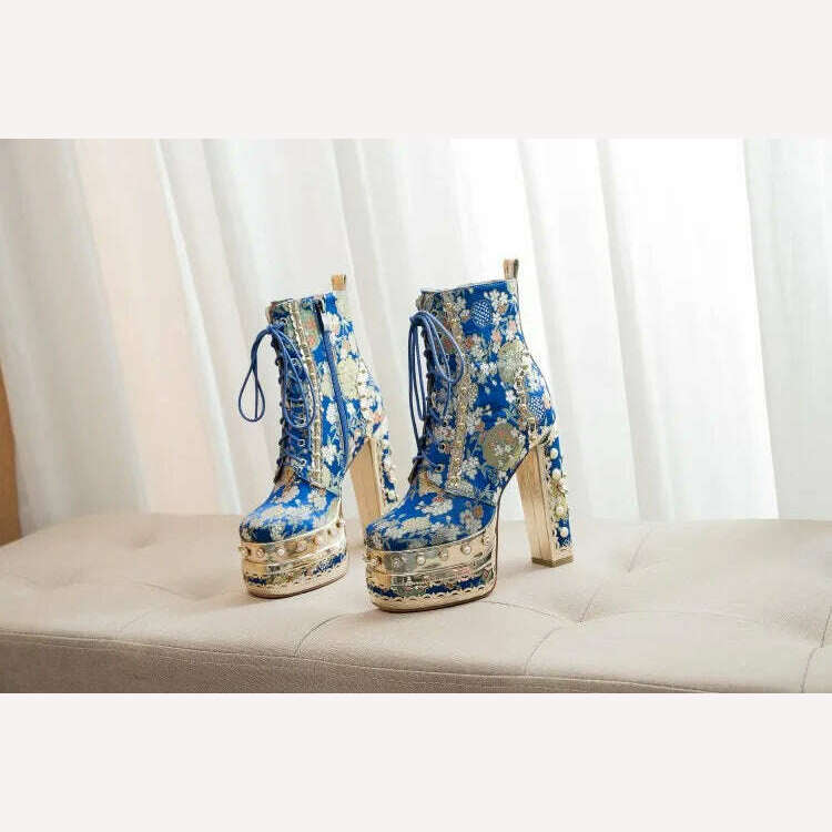 KIMLUD, Pearl/Rhinestone Satins Short Boots Waterproof Platform Diamond Decoration Chelsea Short Boots Large 34-43 High Heel Women Shoes, KIMLUD Womens Clothes