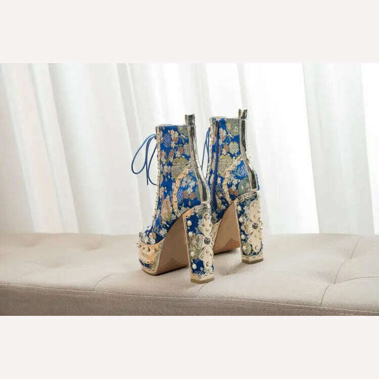 KIMLUD, Pearl/Rhinestone Satins Short Boots Waterproof Platform Diamond Decoration Chelsea Short Boots Large 34-43 High Heel Women Shoes, KIMLUD Womens Clothes