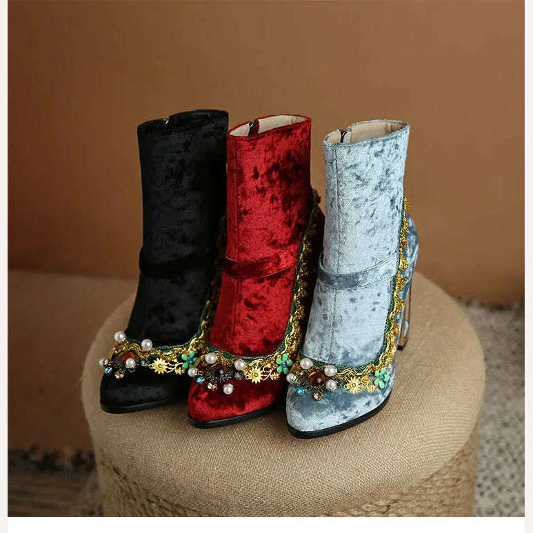 KIMLUD, Pearl/Rhinestone Satins Short Boots Waterproof Platform Diamond Decoration Chelsea Short Boots Large 34-43 High Heel Women Shoes, KIMLUD Womens Clothes