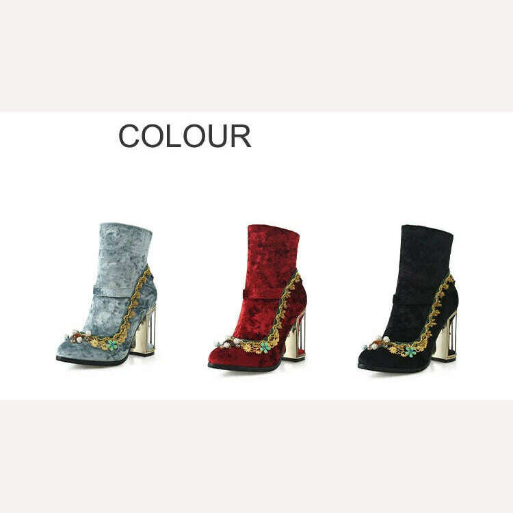 KIMLUD, Pearl/Rhinestone Satins Short Boots Waterproof Platform Diamond Decoration Chelsea Short Boots Large 34-43 High Heel Women Shoes, KIMLUD Womens Clothes