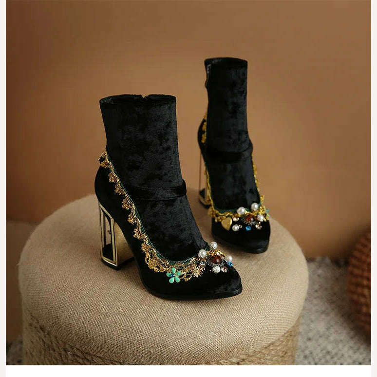 KIMLUD, Pearl/Rhinestone Satins Short Boots Waterproof Platform Diamond Decoration Chelsea Short Boots Large 34-43 High Heel Women Shoes, KIMLUD Womens Clothes