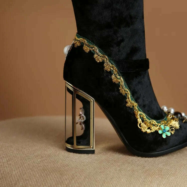 KIMLUD, Pearl/Rhinestone Satins Short Boots Waterproof Platform Diamond Decoration Chelsea Short Boots Large 34-43 High Heel Women Shoes, KIMLUD Womens Clothes