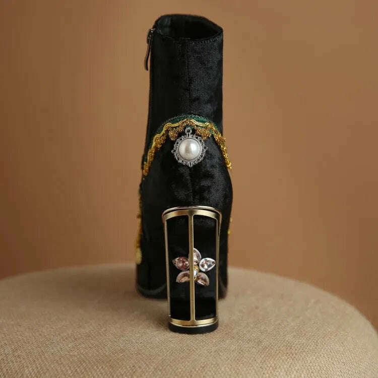 KIMLUD, Pearl/Rhinestone Satins Short Boots Waterproof Platform Diamond Decoration Chelsea Short Boots Large 34-43 High Heel Women Shoes, KIMLUD Womens Clothes