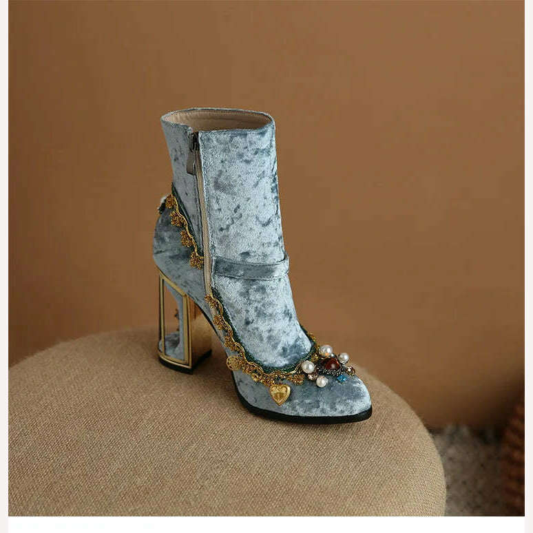 KIMLUD, Pearl/Rhinestone Satins Short Boots Waterproof Platform Diamond Decoration Chelsea Short Boots Large 34-43 High Heel Women Shoes, KIMLUD Womens Clothes