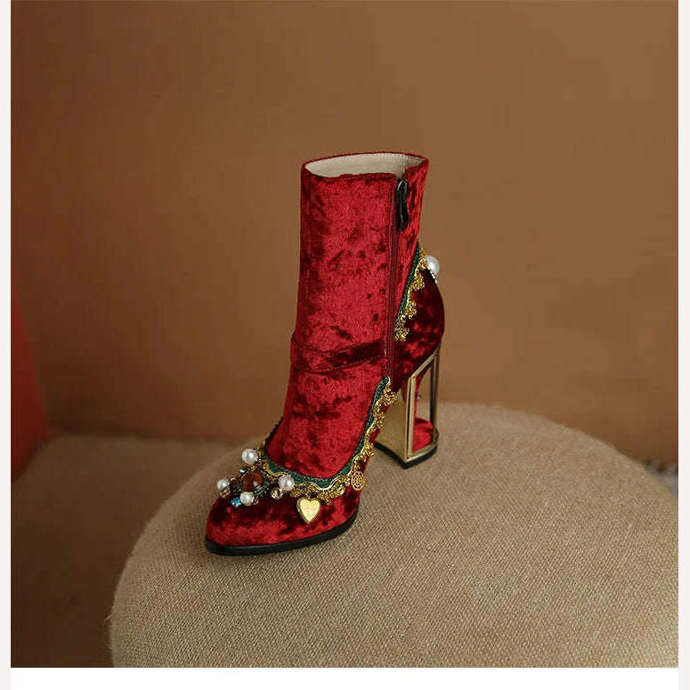 KIMLUD, Pearl/Rhinestone Satins Short Boots Waterproof Platform Diamond Decoration Chelsea Short Boots Large 34-43 High Heel Women Shoes, KIMLUD Womens Clothes