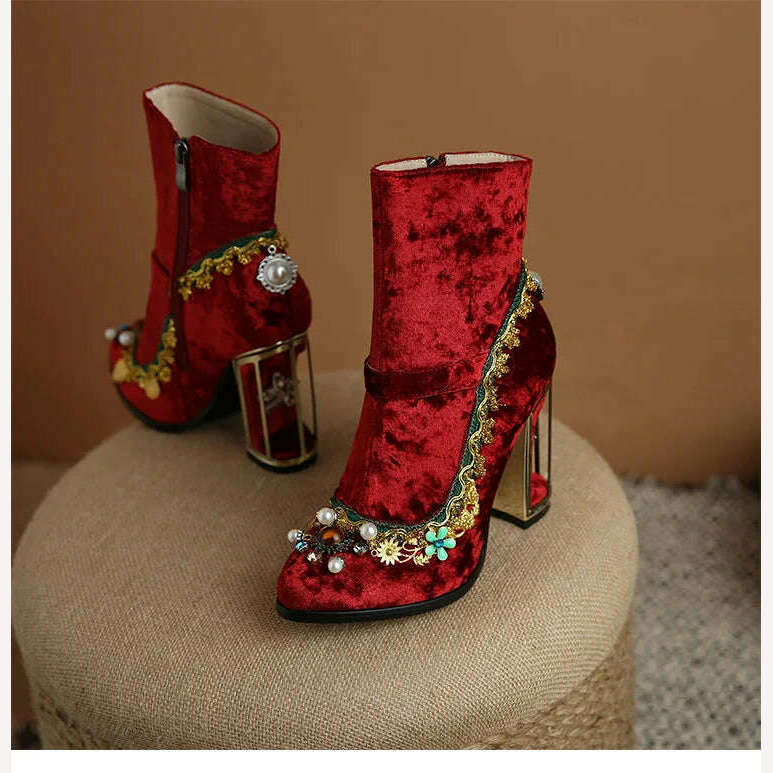 KIMLUD, Pearl/Rhinestone Satins Short Boots Waterproof Platform Diamond Decoration Chelsea Short Boots Large 34-43 High Heel Women Shoes, KIMLUD Womens Clothes