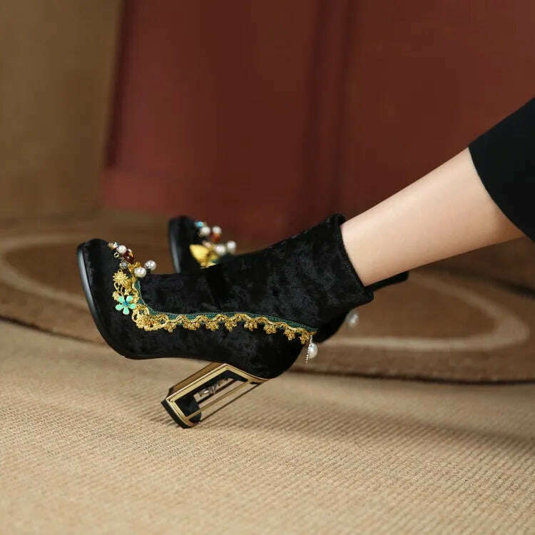 KIMLUD, Pearl/Rhinestone Satins Short Boots Waterproof Platform Diamond Decoration Chelsea Short Boots Large 34-43 High Heel Women Shoes, KIMLUD Womens Clothes