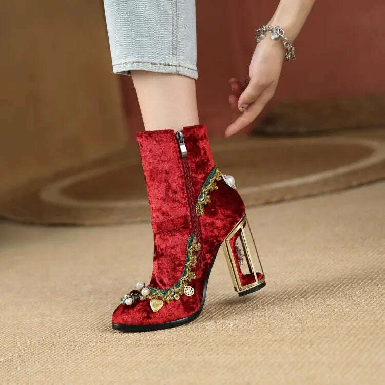 KIMLUD, Pearl/Rhinestone Satins Short Boots Waterproof Platform Diamond Decoration Chelsea Short Boots Large 34-43 High Heel Women Shoes, KIMLUD Womens Clothes