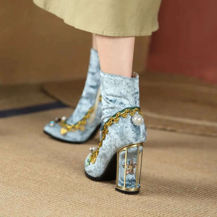 KIMLUD, Pearl/Rhinestone Satins Short Boots Waterproof Platform Diamond Decoration Chelsea Short Boots Large 34-43 High Heel Women Shoes, KIMLUD Womens Clothes