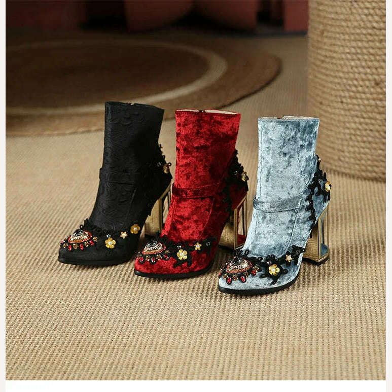 KIMLUD, Pearl/Rhinestone Satins Short Boots Waterproof Platform Diamond Decoration Chelsea Short Boots Large 34-43 High Heel Women Shoes, KIMLUD Womens Clothes