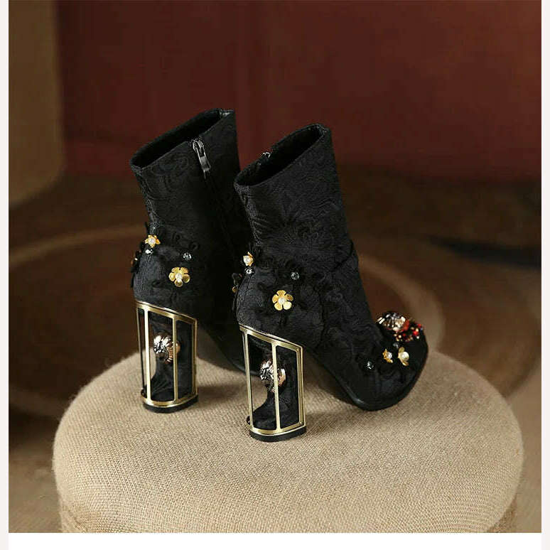 KIMLUD, Pearl/Rhinestone Satins Short Boots Waterproof Platform Diamond Decoration Chelsea Short Boots Large 34-43 High Heel Women Shoes, KIMLUD Womens Clothes