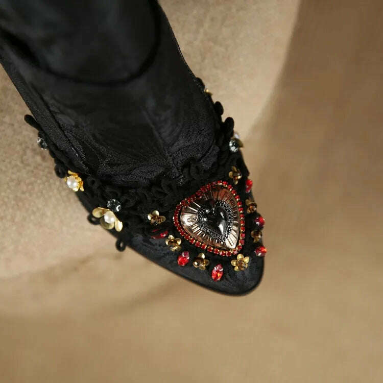 KIMLUD, Pearl/Rhinestone Satins Short Boots Waterproof Platform Diamond Decoration Chelsea Short Boots Large 34-43 High Heel Women Shoes, KIMLUD Womens Clothes