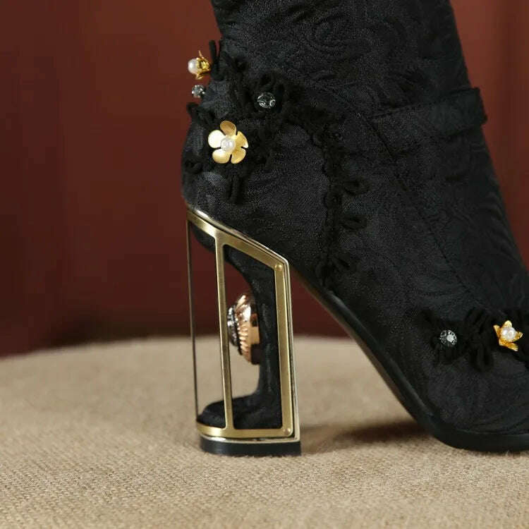 KIMLUD, Pearl/Rhinestone Satins Short Boots Waterproof Platform Diamond Decoration Chelsea Short Boots Large 34-43 High Heel Women Shoes, KIMLUD Womens Clothes