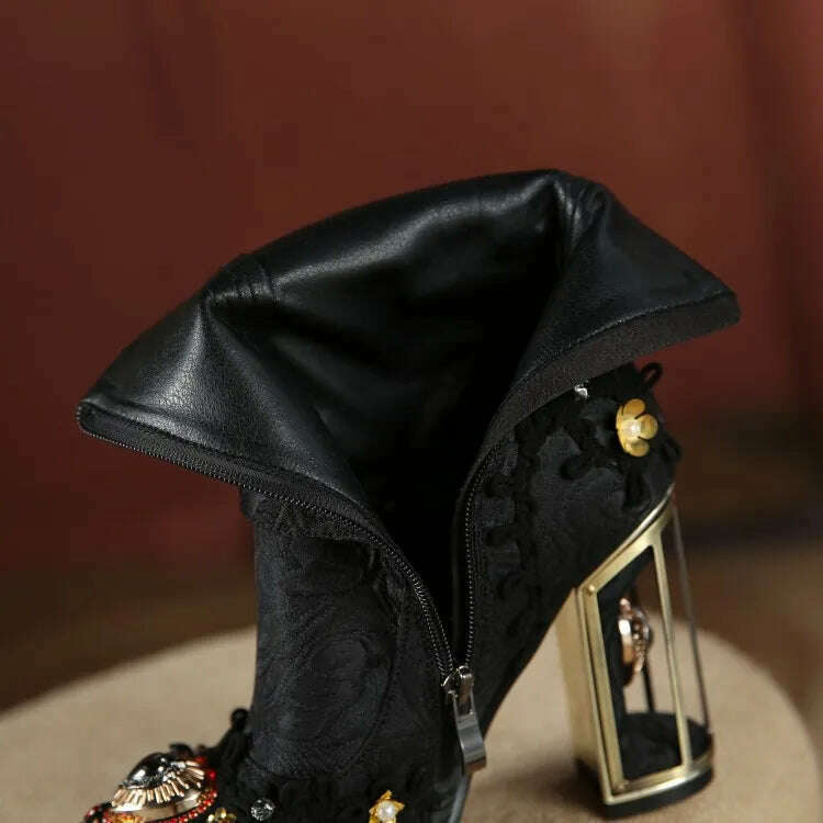 KIMLUD, Pearl/Rhinestone Satins Short Boots Waterproof Platform Diamond Decoration Chelsea Short Boots Large 34-43 High Heel Women Shoes, KIMLUD Womens Clothes