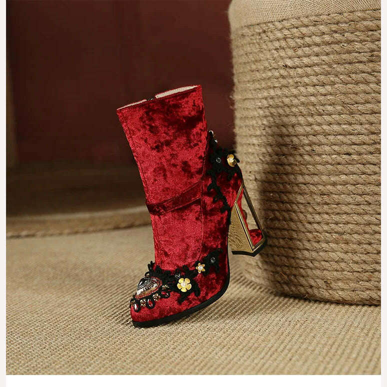 KIMLUD, Pearl/Rhinestone Satins Short Boots Waterproof Platform Diamond Decoration Chelsea Short Boots Large 34-43 High Heel Women Shoes, KIMLUD Womens Clothes