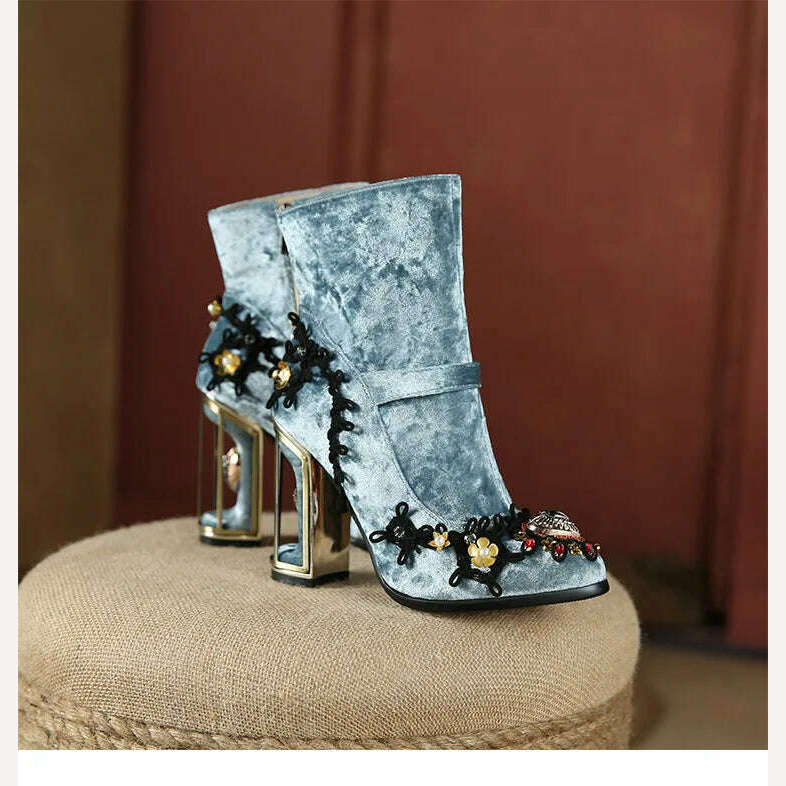 KIMLUD, Pearl/Rhinestone Satins Short Boots Waterproof Platform Diamond Decoration Chelsea Short Boots Large 34-43 High Heel Women Shoes, KIMLUD Womens Clothes