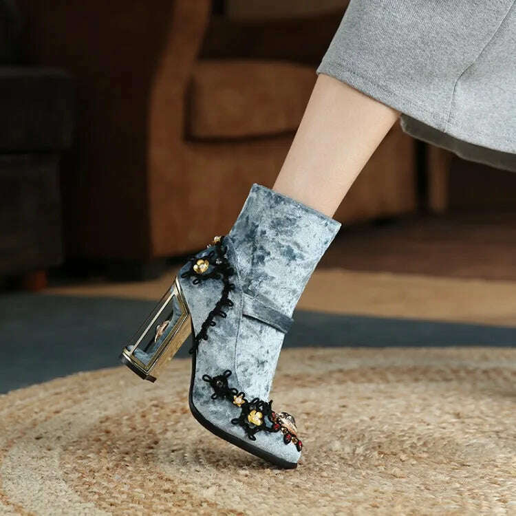 KIMLUD, Pearl/Rhinestone Satins Short Boots Waterproof Platform Diamond Decoration Chelsea Short Boots Large 34-43 High Heel Women Shoes, KIMLUD Womens Clothes