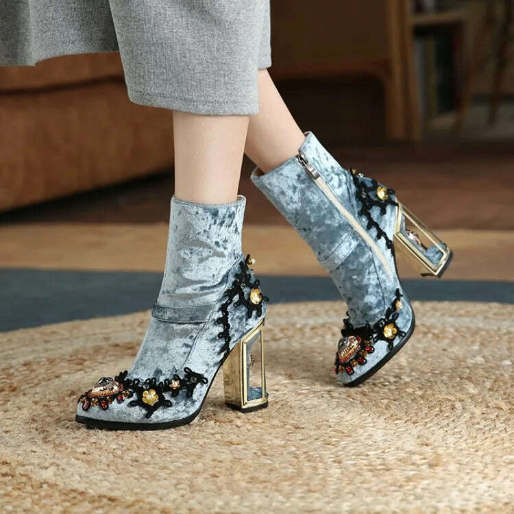 KIMLUD, Pearl/Rhinestone Satins Short Boots Waterproof Platform Diamond Decoration Chelsea Short Boots Large 34-43 High Heel Women Shoes, KIMLUD Womens Clothes