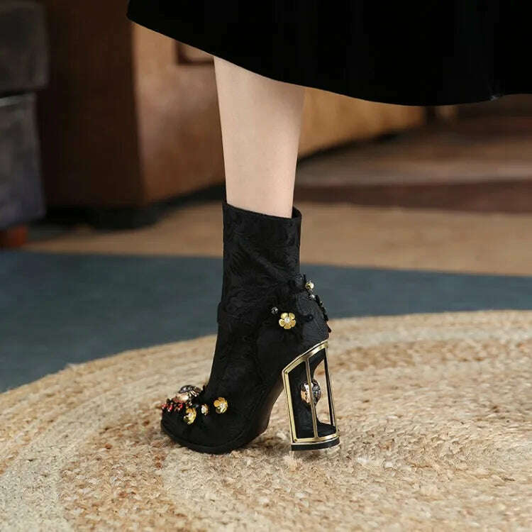 KIMLUD, Pearl/Rhinestone Satins Short Boots Waterproof Platform Diamond Decoration Chelsea Short Boots Large 34-43 High Heel Women Shoes, KIMLUD Womens Clothes