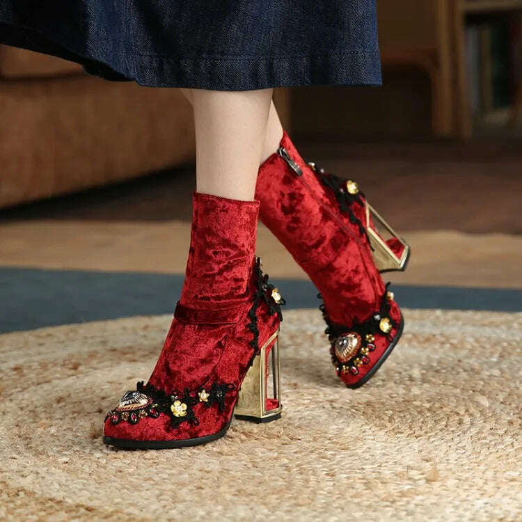 KIMLUD, Pearl/Rhinestone Satins Short Boots Waterproof Platform Diamond Decoration Chelsea Short Boots Large 34-43 High Heel Women Shoes, KIMLUD Womens Clothes