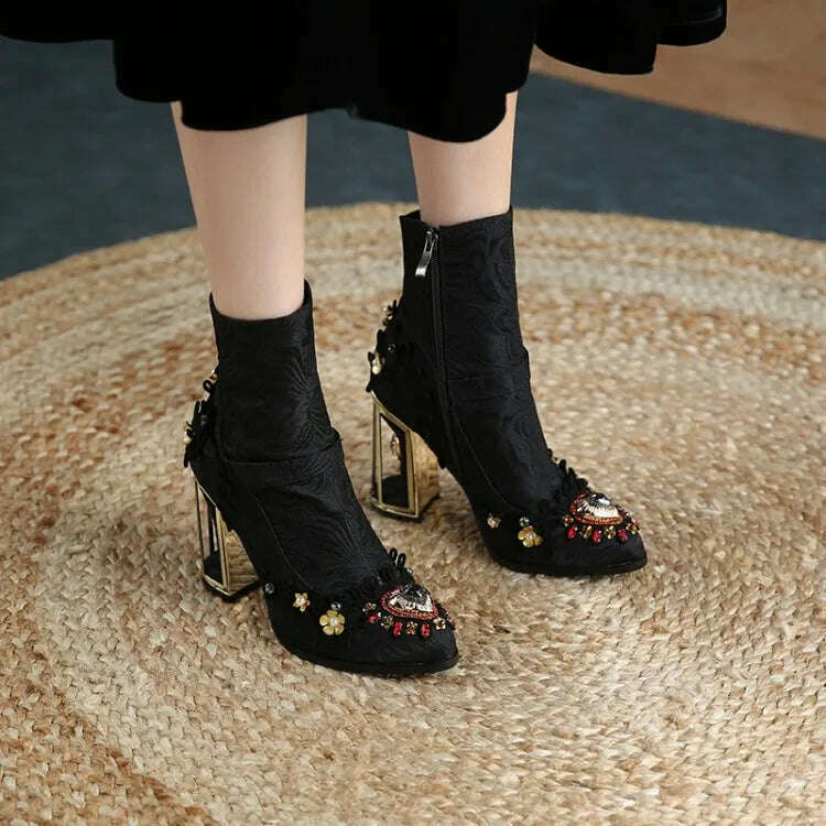 KIMLUD, Pearl/Rhinestone Satins Short Boots Waterproof Platform Diamond Decoration Chelsea Short Boots Large 34-43 High Heel Women Shoes, KIMLUD Womens Clothes