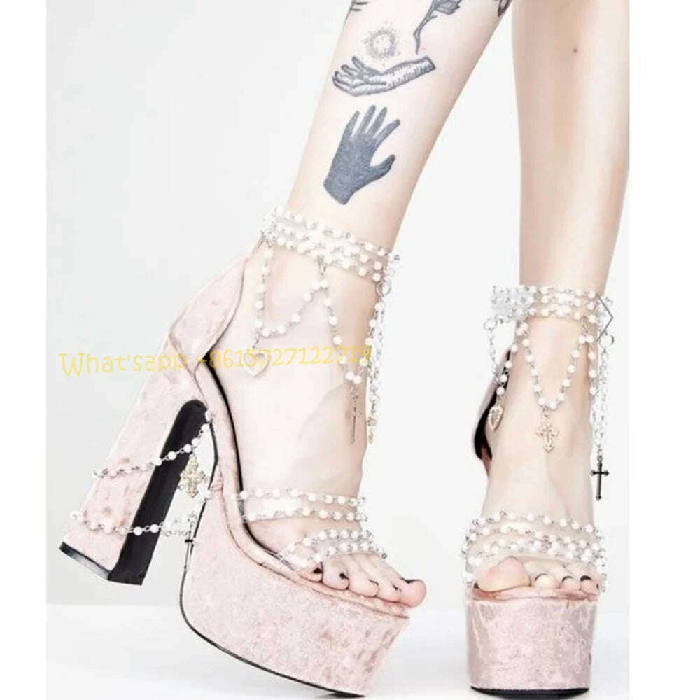 KIMLUD, Pearly Blue Platform Heels Suede Sandals Summer Chunky Heels Metal Chain Pink Sandals Sweet Peep Toe Women Party Wedding Shoes, Pink / 35, KIMLUD APPAREL - Womens Clothes