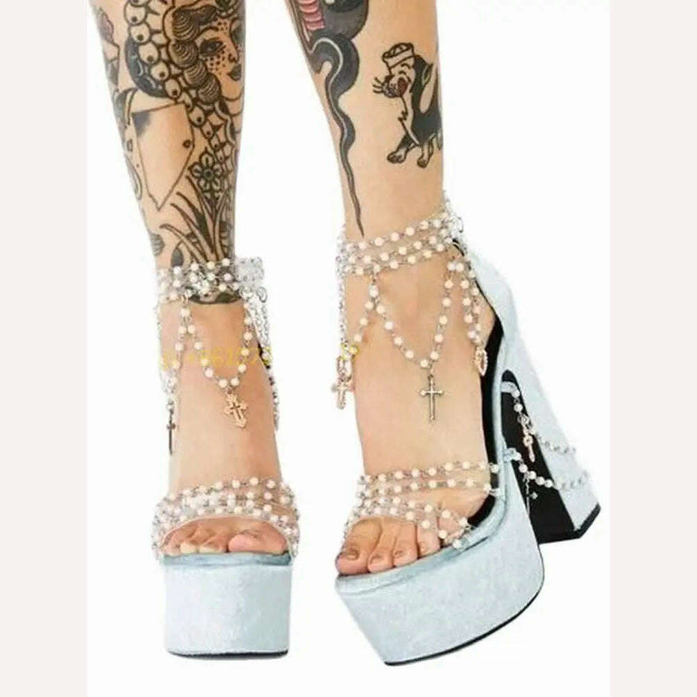 KIMLUD, Pearly Blue Platform Heels Suede Sandals Summer Chunky Heels Metal Chain Pink Sandals Sweet Peep Toe Women Party Wedding Shoes, Sky Blue / 35, KIMLUD APPAREL - Womens Clothes