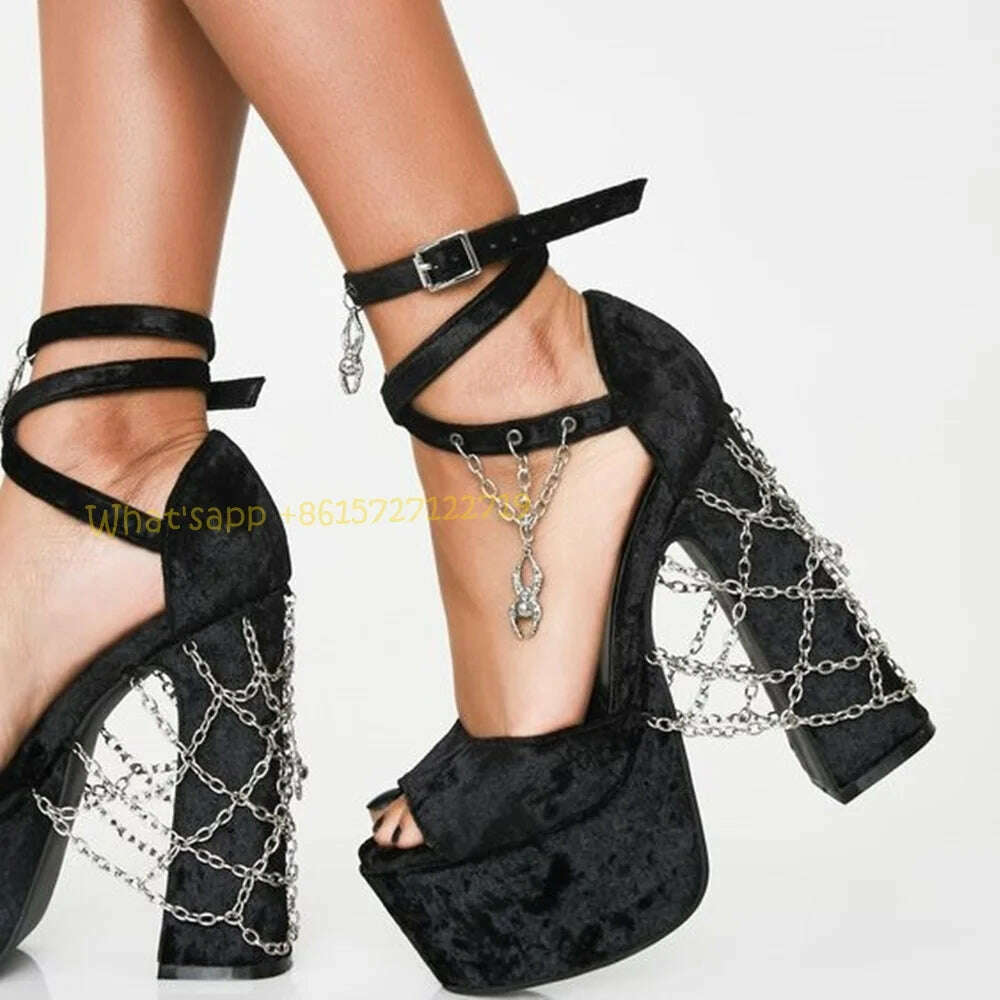 KIMLUD, Pearly Blue Platform Heels Suede Sandals Summer Chunky Heels Metal Chain Pink Sandals Sweet Peep Toe Women Party Wedding Shoes, Black / 35, KIMLUD APPAREL - Womens Clothes