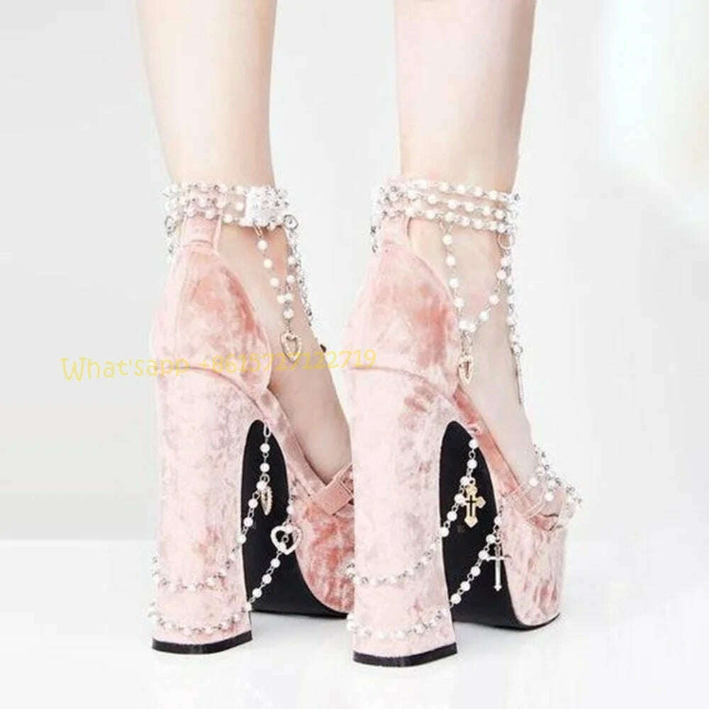 KIMLUD, Pearly Blue Platform Heels Suede Sandals Summer Chunky Heels Metal Chain Pink Sandals Sweet Peep Toe Women Party Wedding Shoes, KIMLUD Womens Clothes