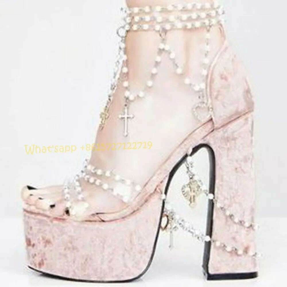 KIMLUD, Pearly Blue Platform Heels Suede Sandals Summer Chunky Heels Metal Chain Pink Sandals Sweet Peep Toe Women Party Wedding Shoes, KIMLUD Womens Clothes