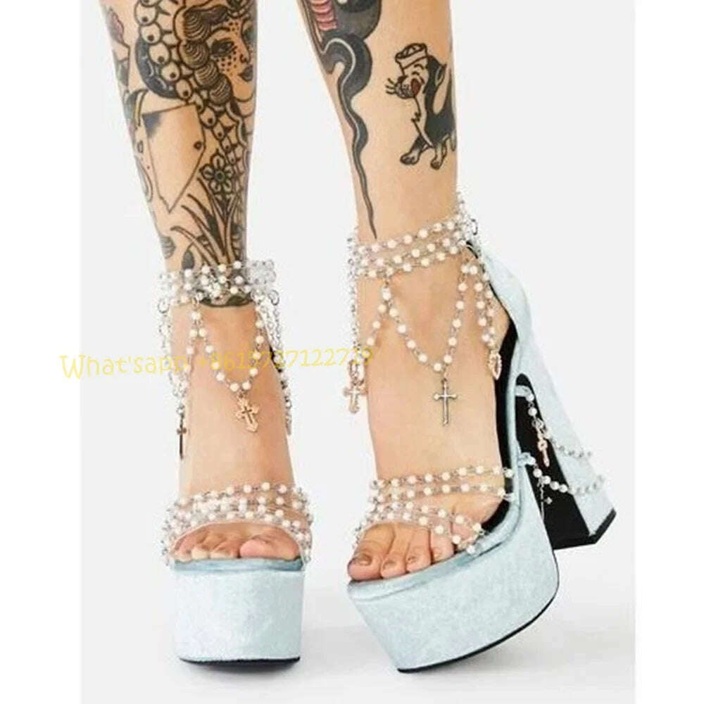 KIMLUD, Pearly Blue Platform Heels Suede Sandals Summer Chunky Heels Metal Chain Pink Sandals Sweet Peep Toe Women Party Wedding Shoes, KIMLUD Womens Clothes
