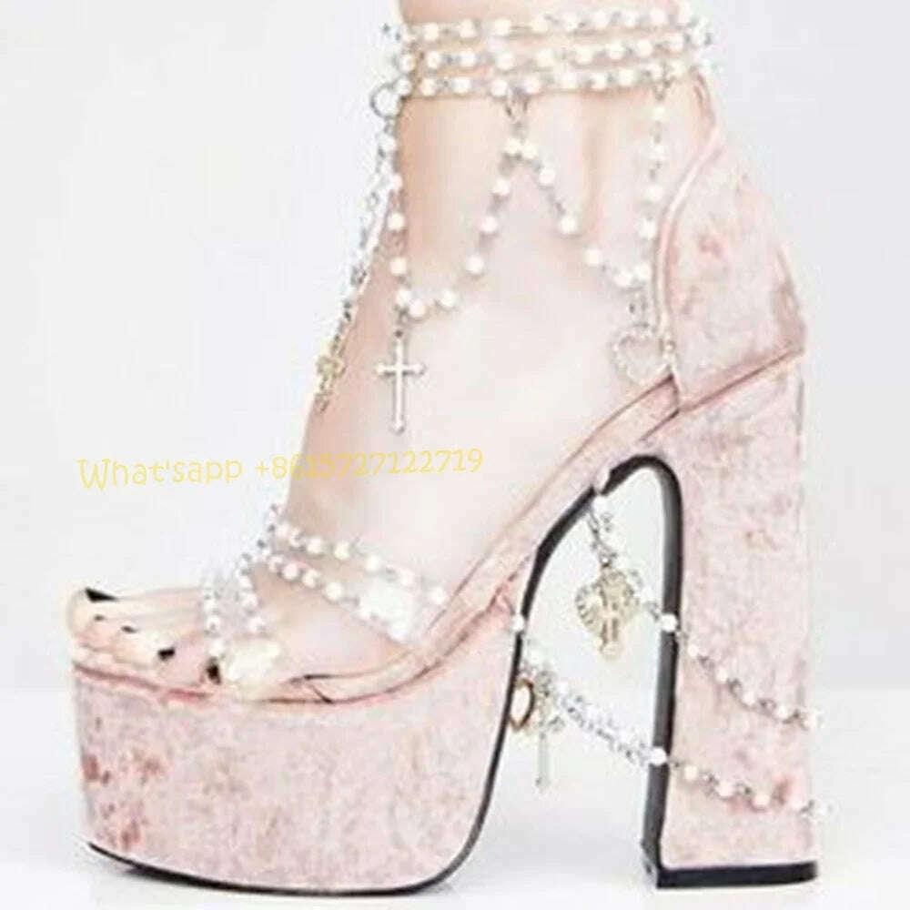 KIMLUD, Pearly Blue Platform Heels Suede Sandals Summer Chunky Heels Metal Chain Pink Sandals Sweet Peep Toe Women Party Wedding Shoes, KIMLUD Womens Clothes