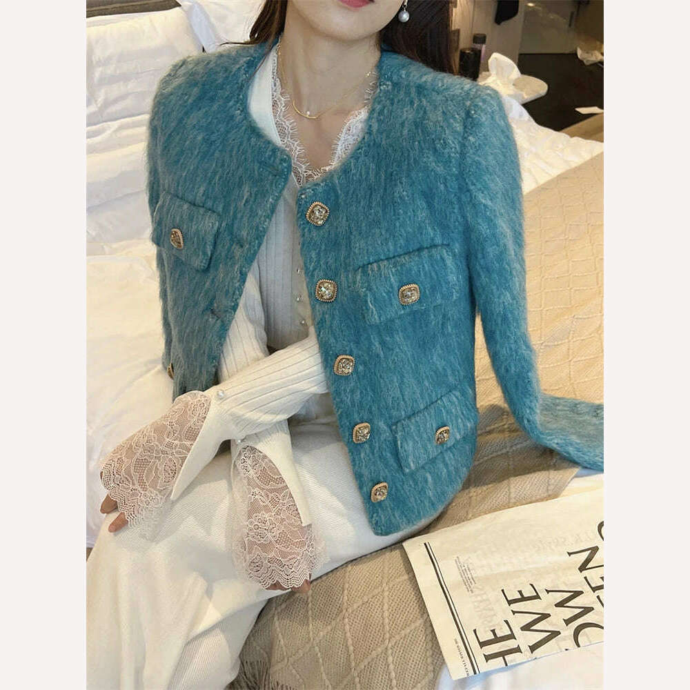 KIMLUD, PEIRESA High Quality Woolen Jacket For Women 2023 Winter New O Neck Long Sleeve Single Breasted Short Coat Office Lady Clothes, KIMLUD Womens Clothes