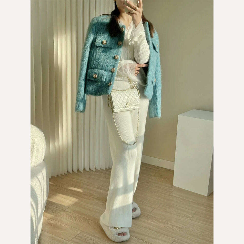KIMLUD, PEIRESA High Quality Woolen Jacket For Women 2023 Winter New O Neck Long Sleeve Single Breasted Short Coat Office Lady Clothes, KIMLUD Womens Clothes