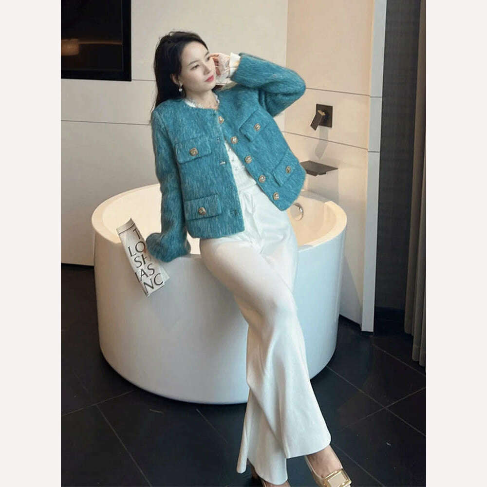 KIMLUD, PEIRESA High Quality Woolen Jacket For Women 2023 Winter New O Neck Long Sleeve Single Breasted Short Coat Office Lady Clothes, KIMLUD Womens Clothes